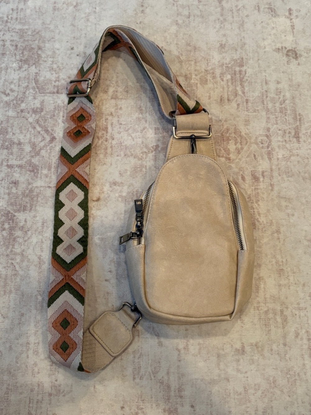 Beige Women’s Crossbody Sling Bag with Patterned Strap